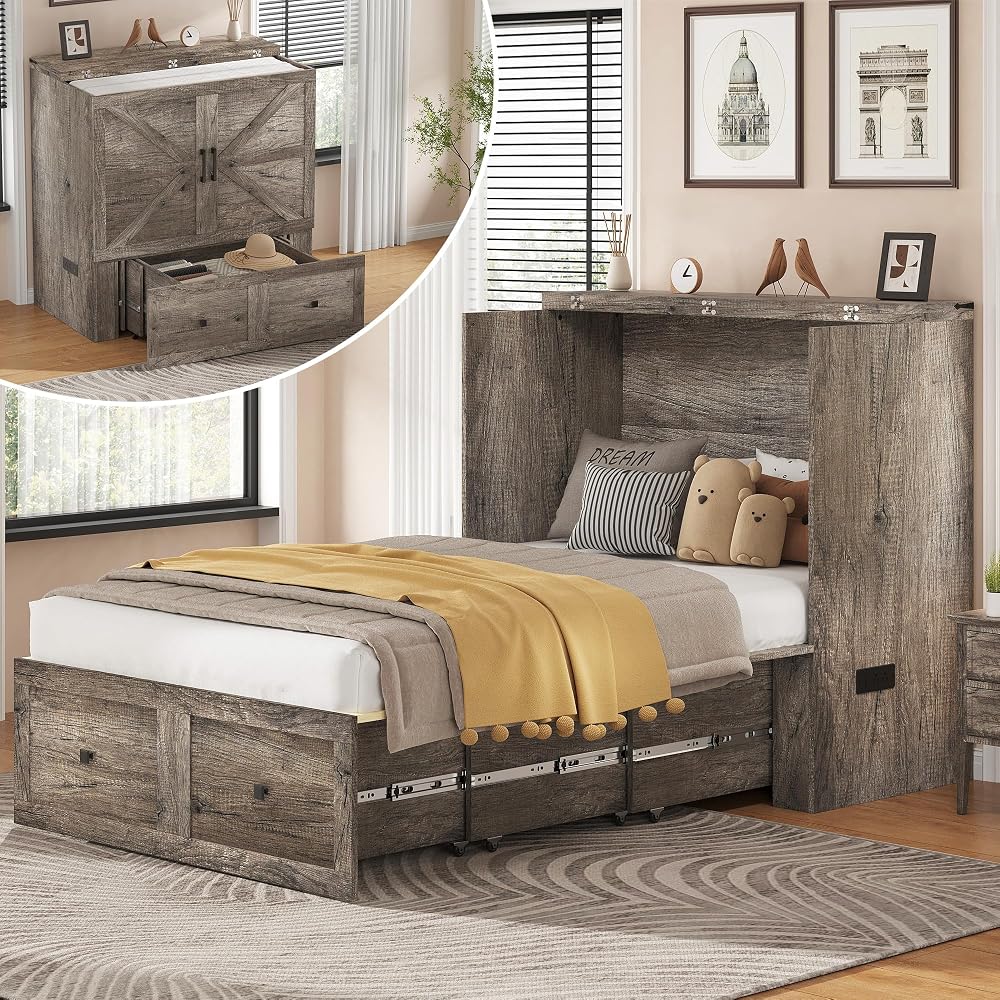 Twin Murphy Bed with Storage & Charging Station