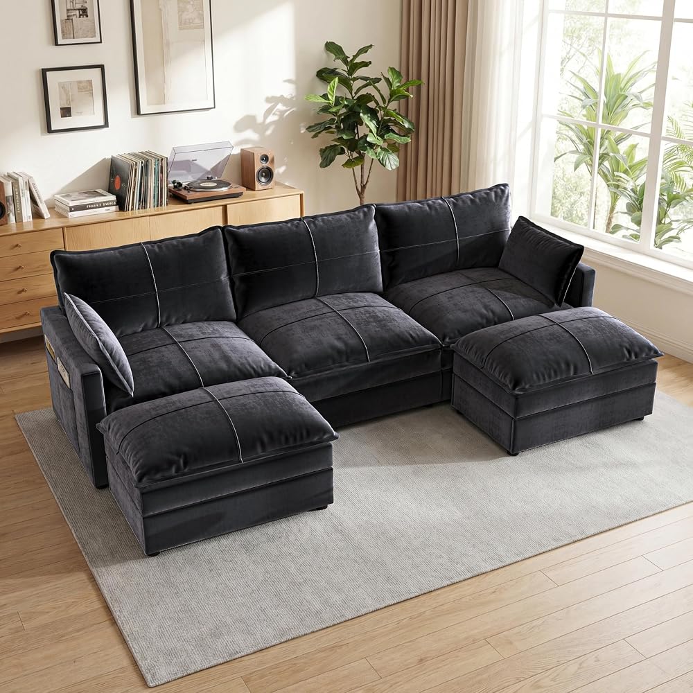 Grey U Shaped Couch, Modern Modular Convertible Sectional, L Shaped Sofa with Removable Washable Covers, Deep Seat Cloud Couch with 300 LBS Per Seat Capacity for Living Room, Bedroom
