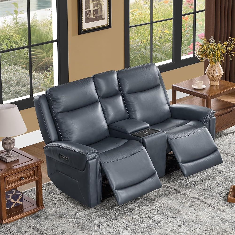 Power Reclining Sofa Loveseat with Console, Blue
