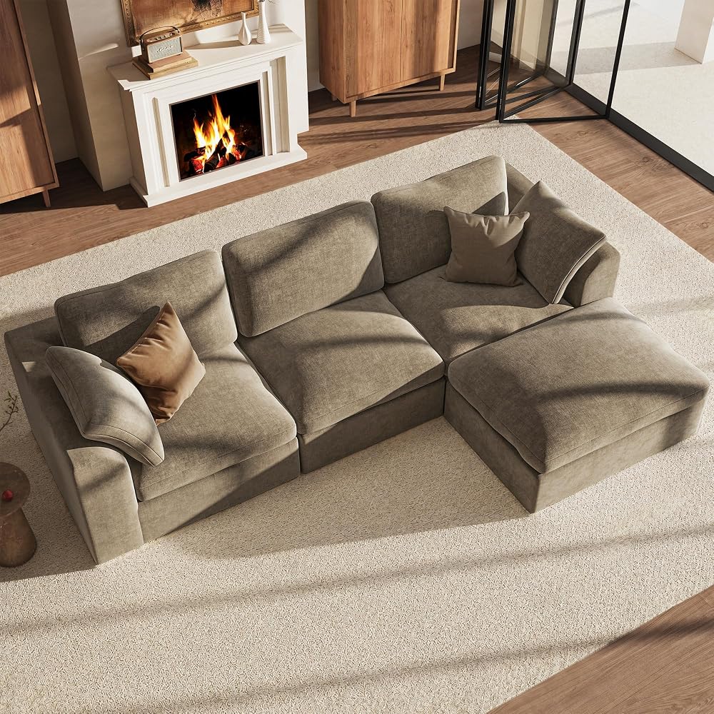 110" Brown Cloud Couch Sectional L Shaped Boneless Couch Modular Cloud Sofa