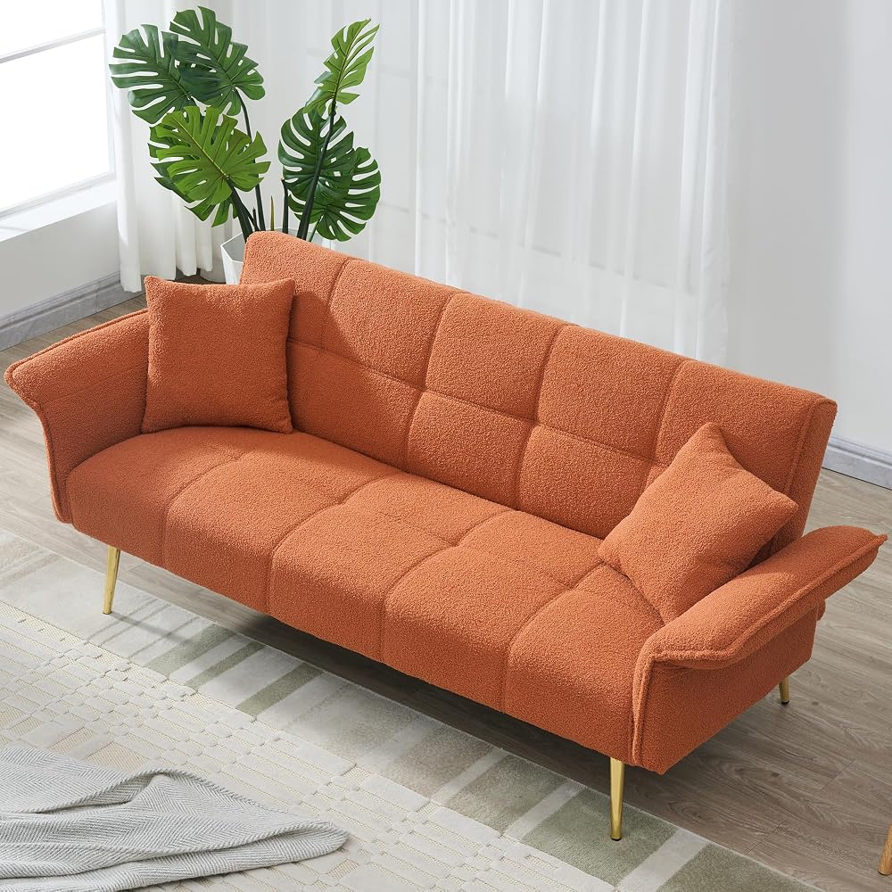 70" Convertible Loveseat Sleeper Sofa Orange,with 3 Reclining Backrests,Covertible Foldable Couch Bed,Teddy Fabric Loveseat Couch for Living Room, Apartment,Office