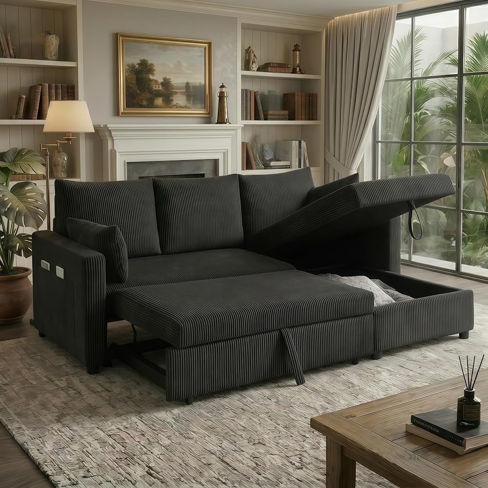 Sectional Sleeper Sofa with Pull Out Bed, L Shape Convertible Sofa Bed Couch with Storage Chaise, 3 in 1 Pull Out Sofa Bed with 3 Seats for Living Room,Apartment, Black, 85Inch